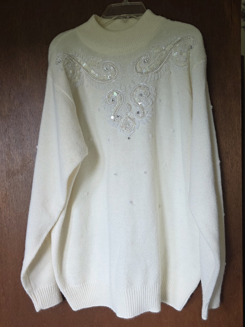 Alfred Dunner Ivory Beaded Sequin Mock Neck Sweater